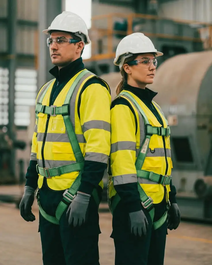 Two workers in hi-vis jackets, hard hats and safety harnesses on an industrial site